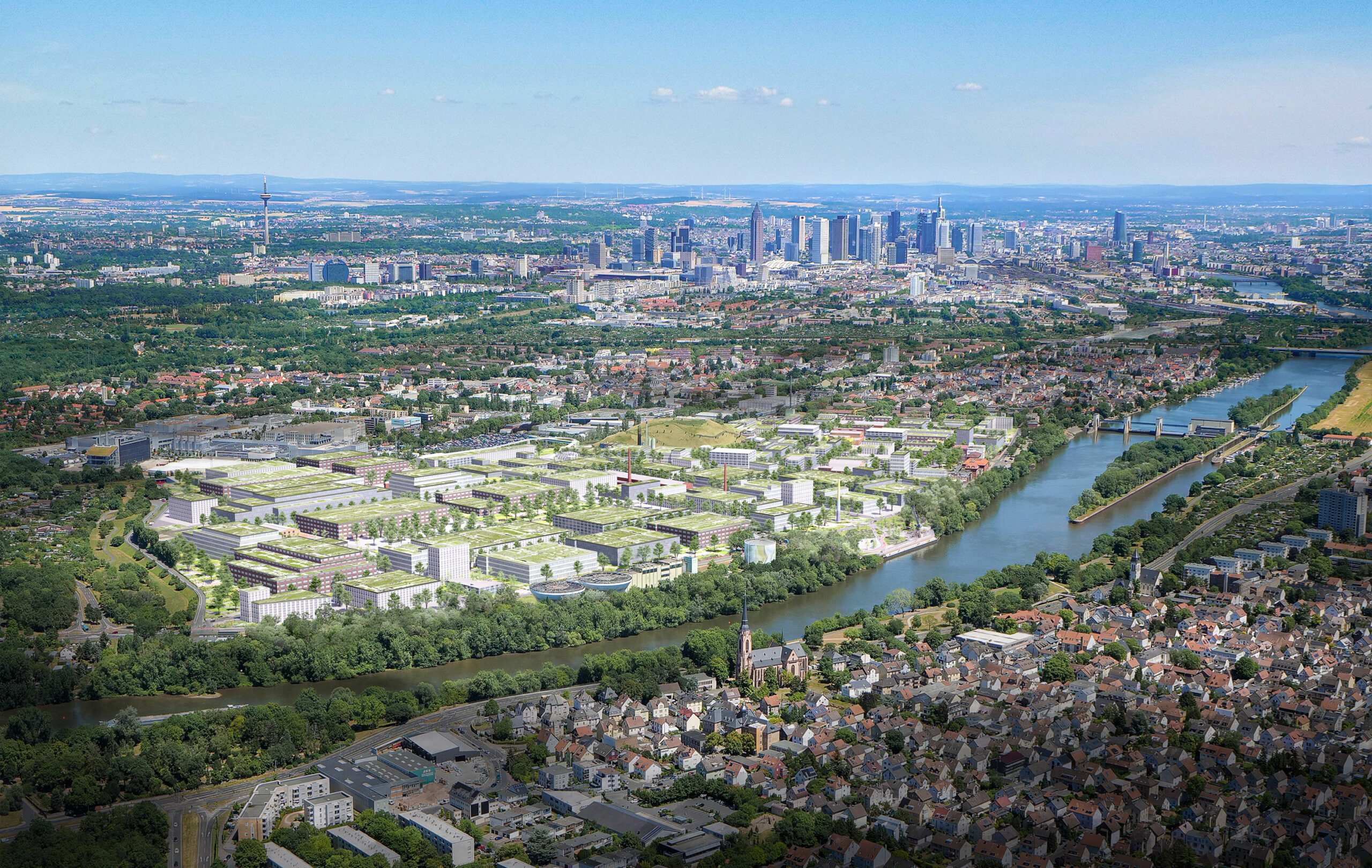 Visualisierung von Frankfurts größtem gemischt genutzten Gewerbe- und Industriegebiet FRANKFURT WESTSIDE aus der Vogelperspektive mit Blick auf die Frankfurter Skyline und den Main.
