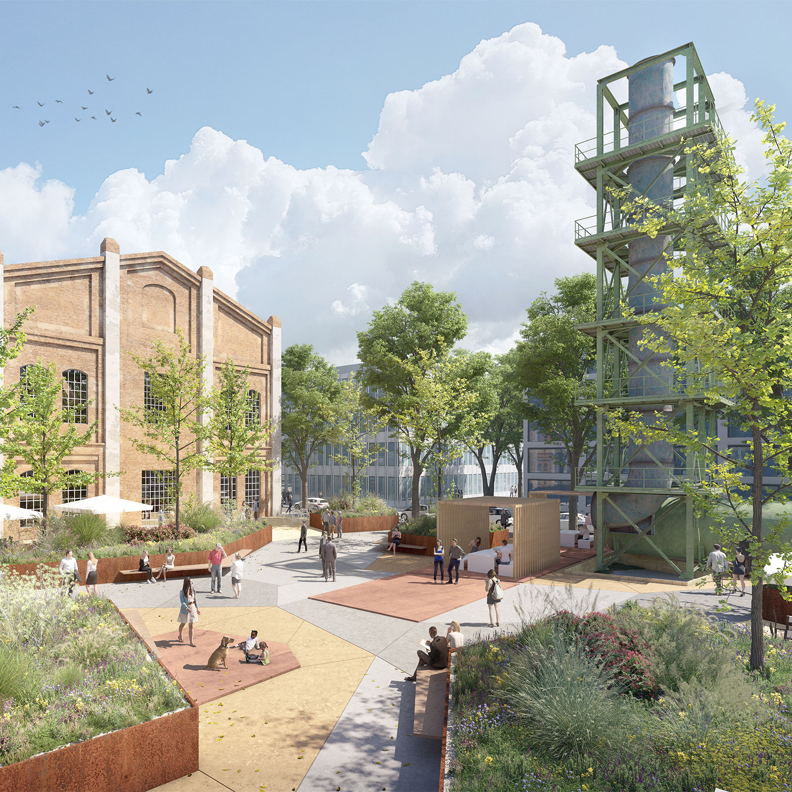 Visualisierung eines zukünftigen Quartiersplatzes der FRANKFURT WESTSIDE mit einem Bestandsgebäude, Relikten der Industriegeschichte, einem Coworking-Space und einem hohen Anteil an Vegetation.