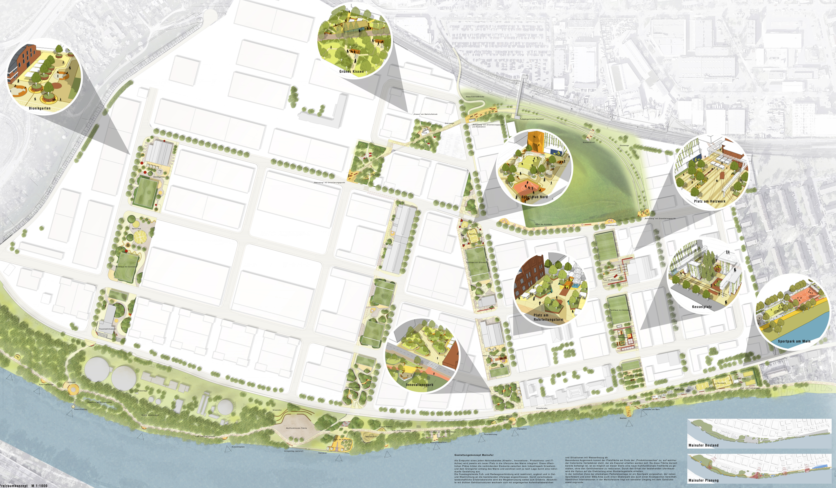 Freiraumplan Frankfurt Westside ESG-Reaktivierung eines ganzen Stadtquartiers. Die Freiraumplanung zeichnet sich durch hochwertige Freiräume und ein Mobilitätskonzept mit Fokus auf Fuß- und Fahrradverkehr aus. Freiraumplan © AS+P Albert Speer + Partner GmbH