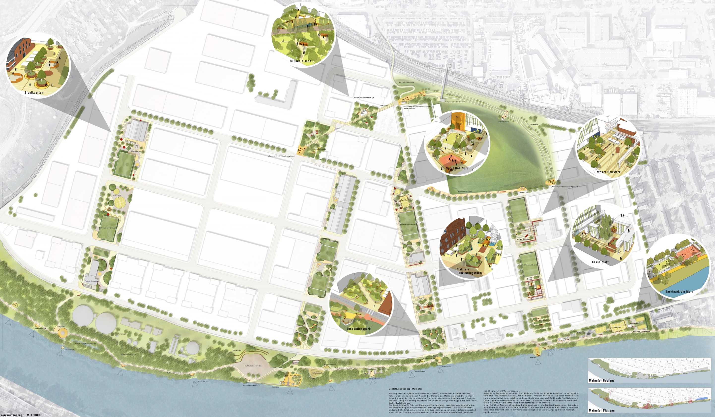 ESG-Reaktivierung eines ganzen Stadtquartiers. Die Freiraumplanung zeichnet sich durch hochwertige Freiräume und ein Mobilitätskonzept mit Fokus auf Fuß- und Fahrradverkehr aus. Freiraumplan © AS+P Albert Speer + Partner GmbH