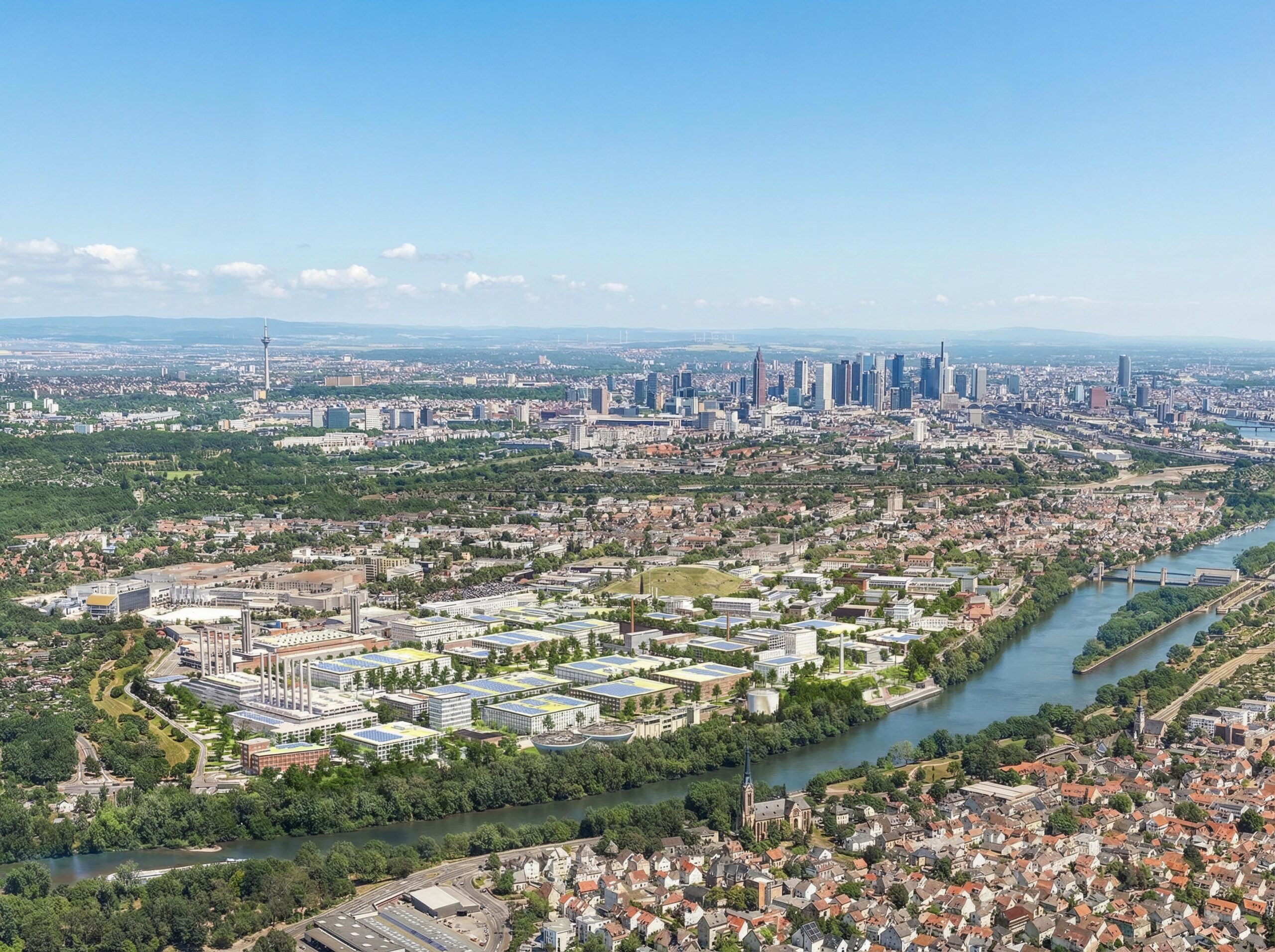 Visualisierung von Frankfurts größtem gemischt genutzten Gewerbe- und Industriegebiet FRANKFURT WESTSIDE aus der Vogelperspektive mit Blick auf die Frankfurter Skyline und den Main.