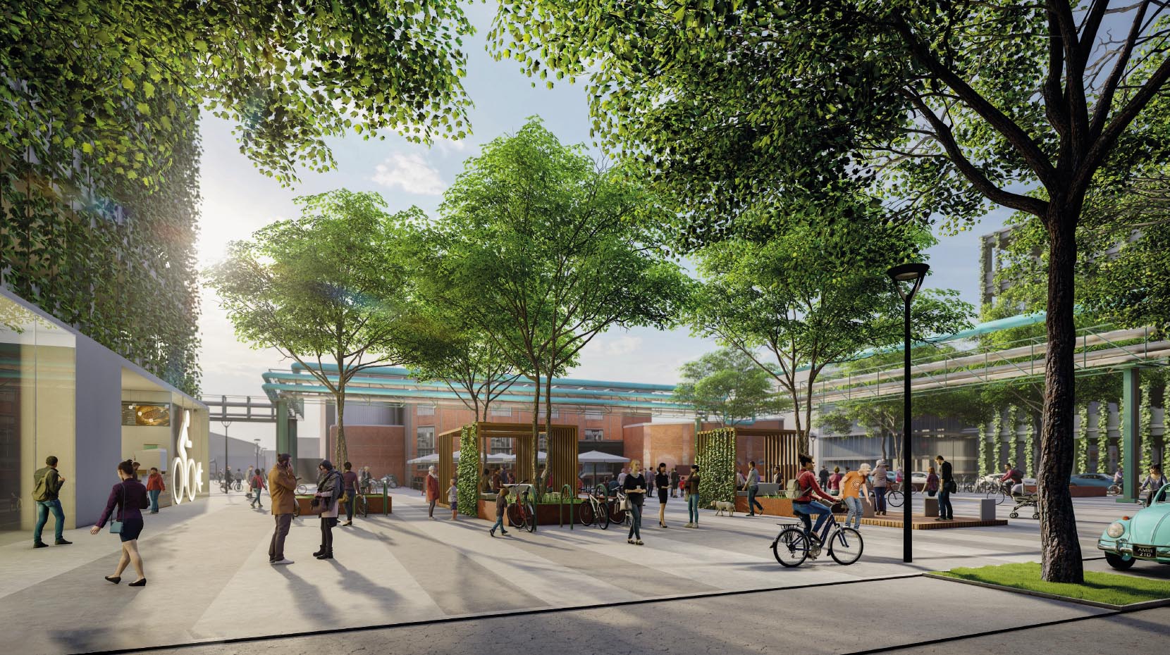 Aus einem Betonboden wachsen Rasenhalme, die das nachhaltige Zeitalter der FRANKFURT WESTSIDE symbolisch ankündigen 