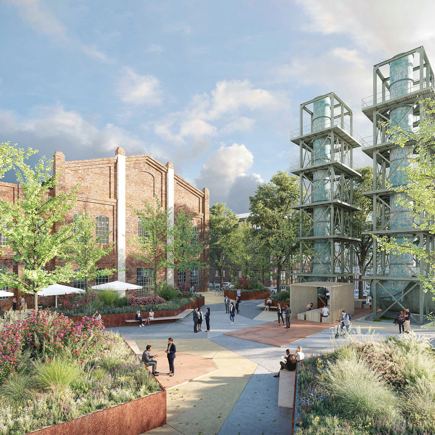 Visualisierung eines zukünftigen Quartiersplatzes der FRANKFURT WESTSIDE mit einem Bestandsgebäude, Relikten der Industriegeschichte, einem Coworking-Space und einem hohen Anteil an Vegetation.